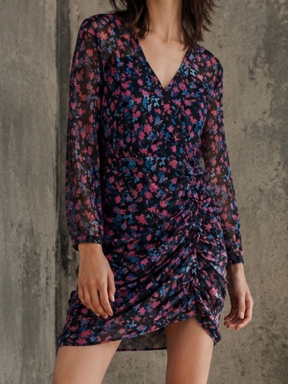 AllSaints ‘Harlow Asa’ Floral Print Dress in Black with Pink & Blue Flowers Sz 0